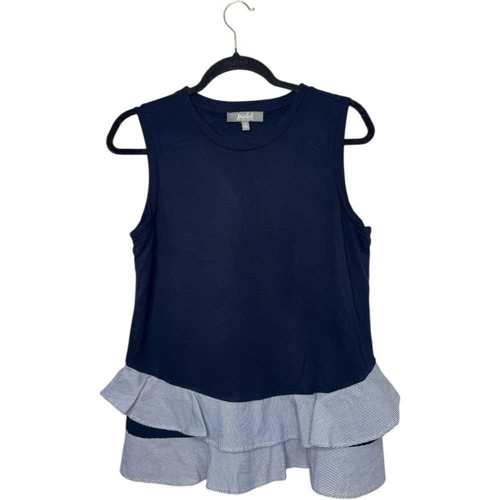 Marled Navy Blue Knit Tank Top with Pinstripe Ruffle coastal medium